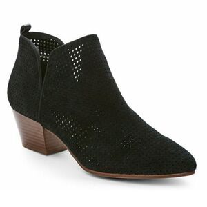 Sam Edelman Rio Black Perforated Suede Leather Slip On Ankle Boots Stacked Heel